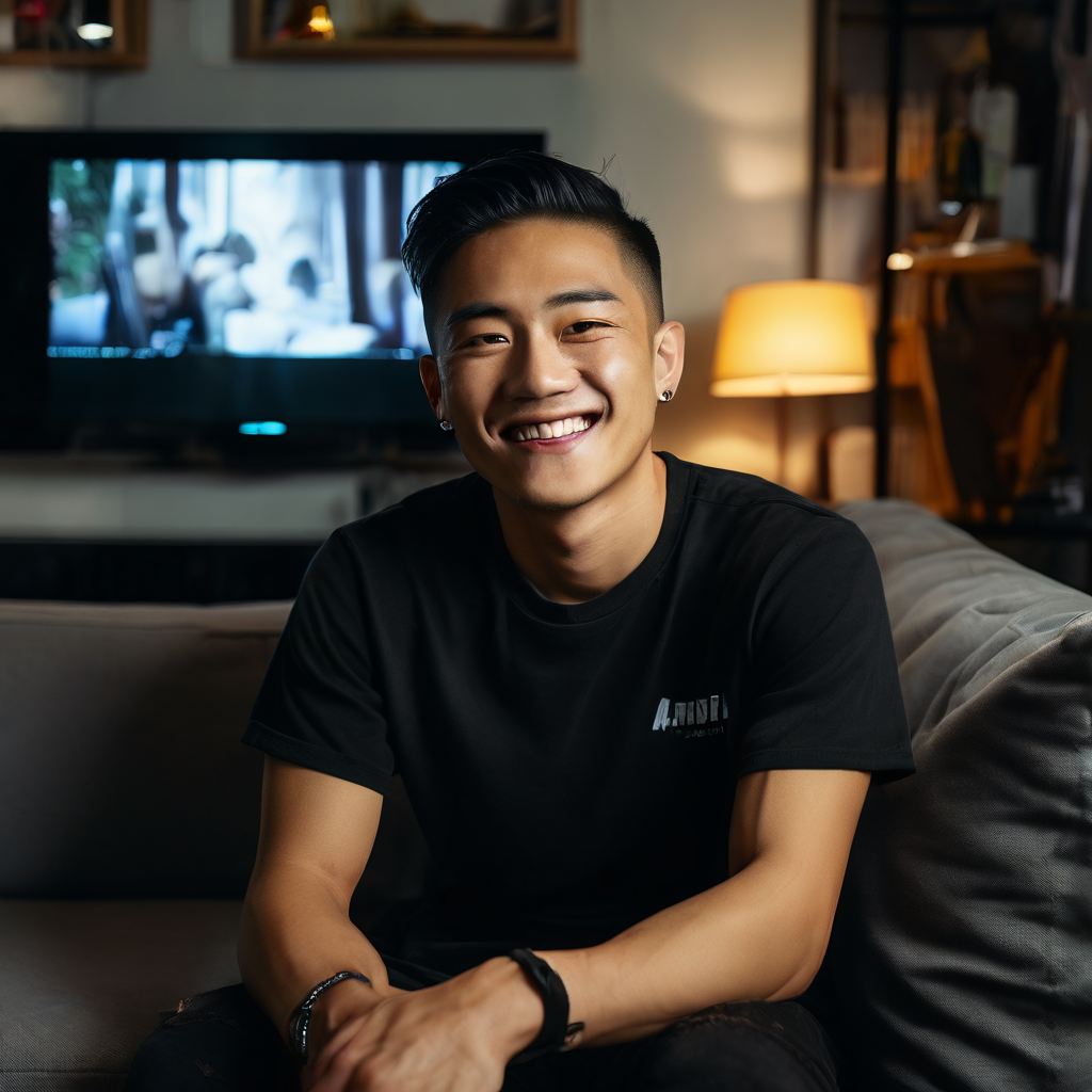 image text: asian male with undercut hairstyle, smiling, wearing a black t-shirt, sitting on a couch in front of a tv