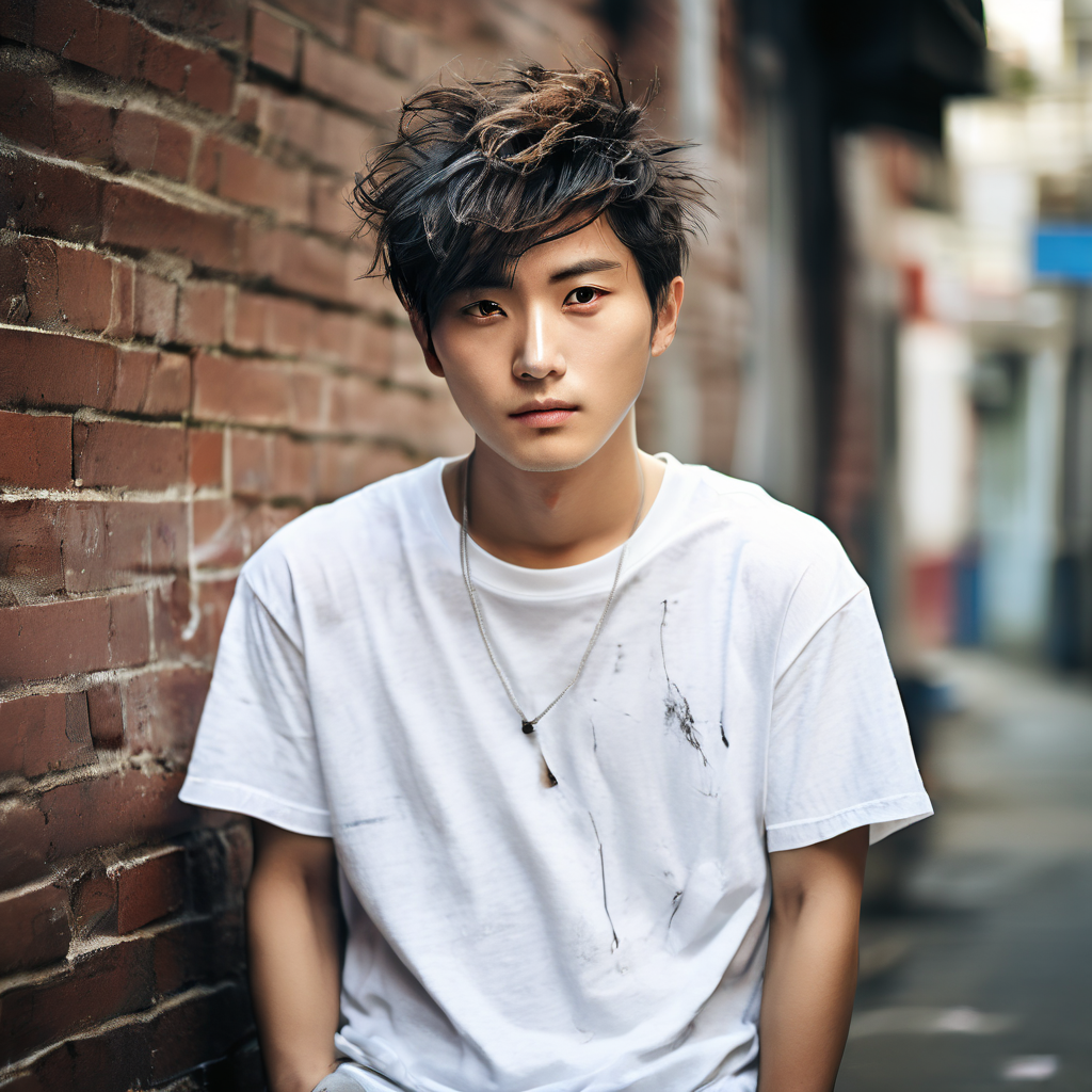 A young man with a short, spiky Korean haircut poses for a photo in front of a brick wall