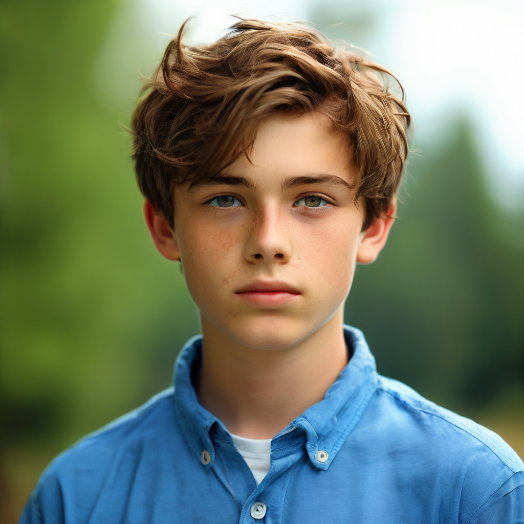 teen boy with short brown hair wearing a blue shirt